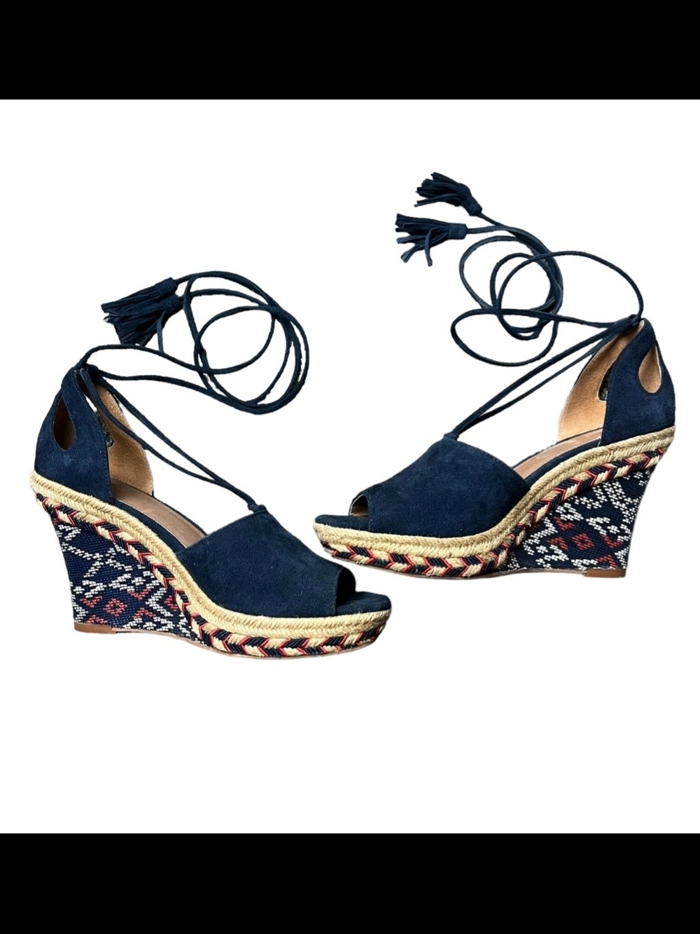 Women’s Navy Suede Open Toe Espadrille Wedge Sandals with Ankle Ties. - Picture 2 of 4